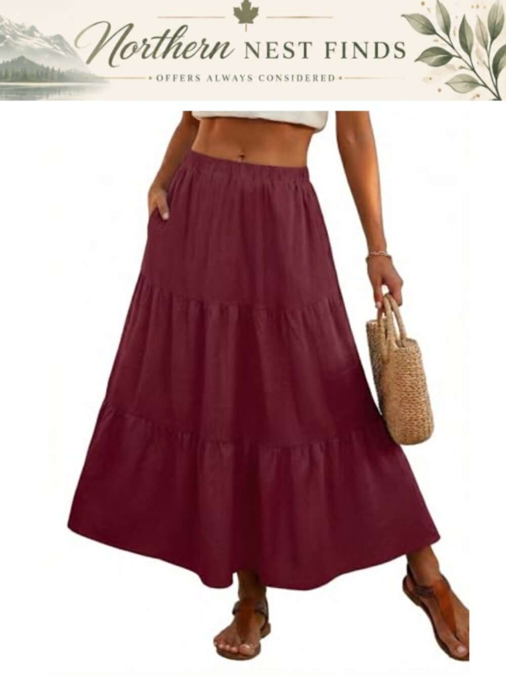 Women's Boho Maxi Skirt High Waisted A-Line with Pockets Wrinkle Free